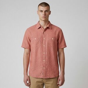 Faherty Shirt Men's Red Medium Linen Blend Button Down Short Sleeve Casual